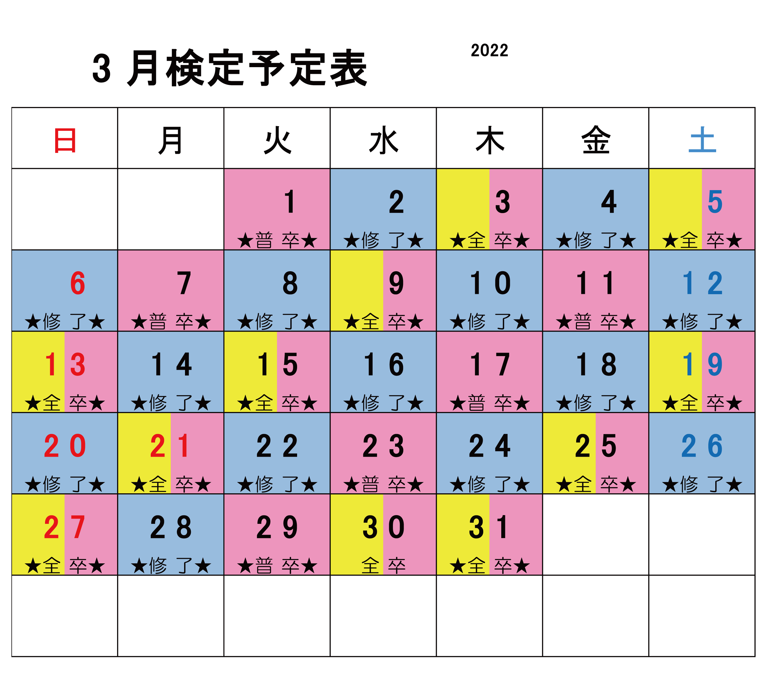 2022年3月検定カレンダー